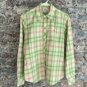 Lilly Pulitzer Green and Pink Plaid Cotton Long Sleeve Button Front Blouse